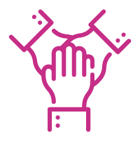 Pink icon of three hands connected
