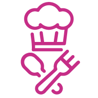 Pink icon of chef's hat and kitchen utensils