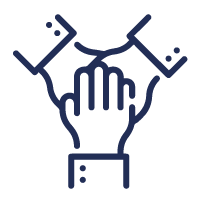 Blue icon of three hands together