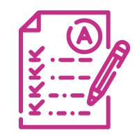 Pink icon of form and pen marked with an A