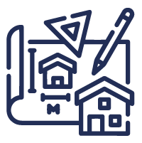 Blue icon with drawing equipment and plans