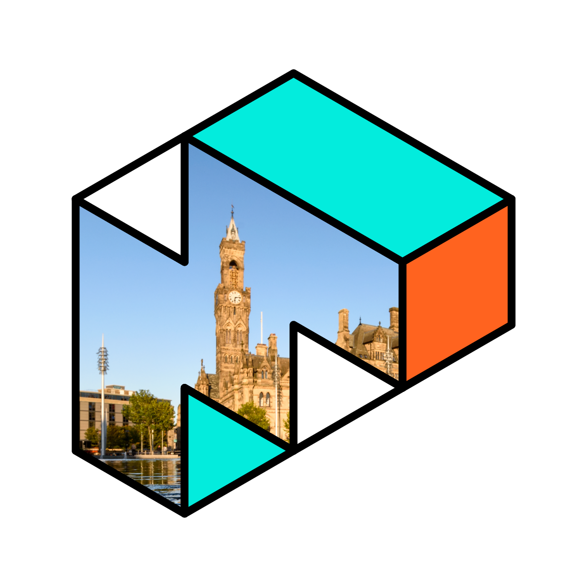 A graphic image with a cutout through which Bradford City Hall is visible