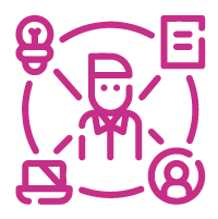 Pink icon of a person in the centre of a circle with computer, lightbulb, person and paper