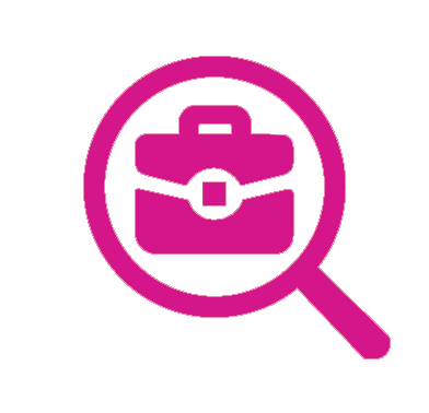 A logo with a briefcase within a magnifying glass