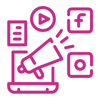Pink icon of megaphone with social media logos
