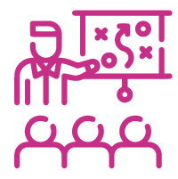 Pink icon of three people in front of someone giving a presentation