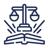 Blue icon of scales above an open book