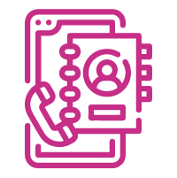 Pink icon of telephone, address book and tablet