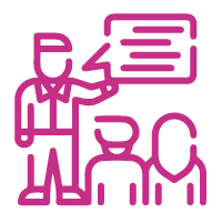 Pink icon of a man talking to two other people