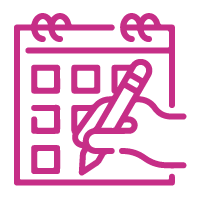 Pink icon of a calendar being written on