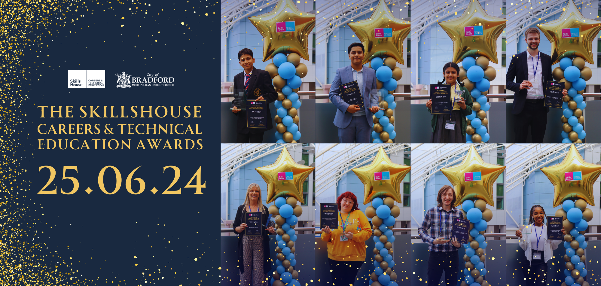 SkillsHouse Careers and Technical Education Awards banner showing young people with awards