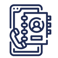 Blue icon of telephone, address book and tablet
