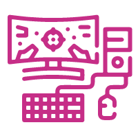 Pink icon of a computer, keyboard and mouse