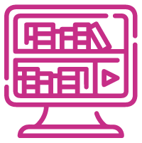 Pink icon of a computer showing shelves of books