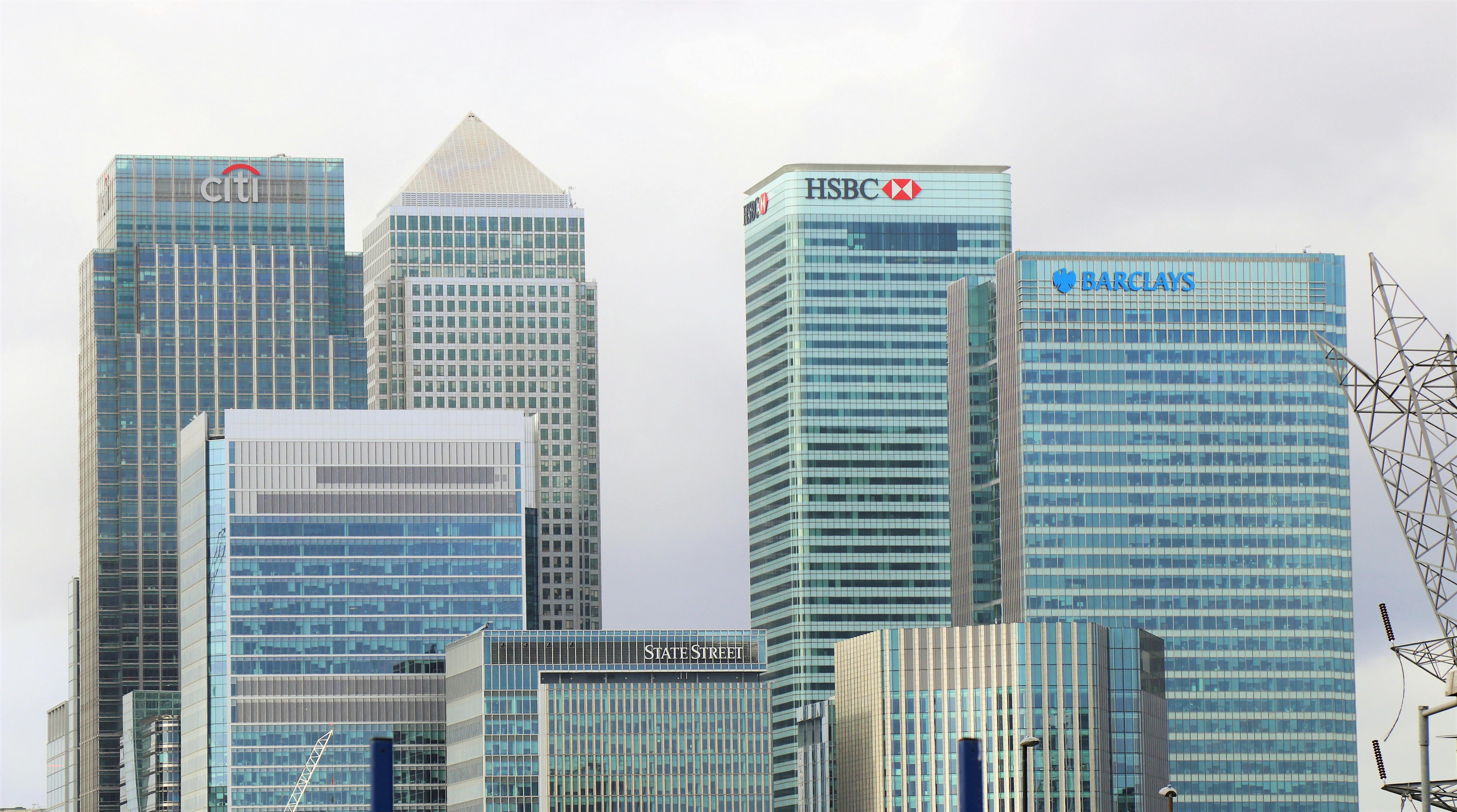 A group of large skyscraper buildings with the names of banks on them