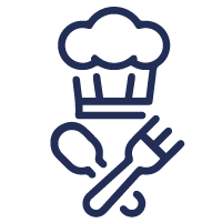 Blue icon of chef's hat and kitchen utensils