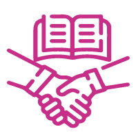 Pink icon of shaking hands and a book