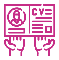 Pink icon of two hands holding a CV